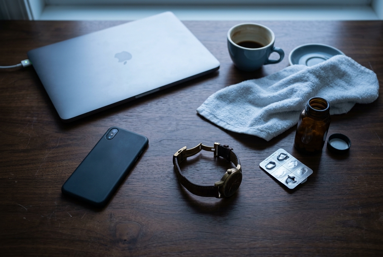 Executive desk with laptop, coffee, and daily pressure cues
